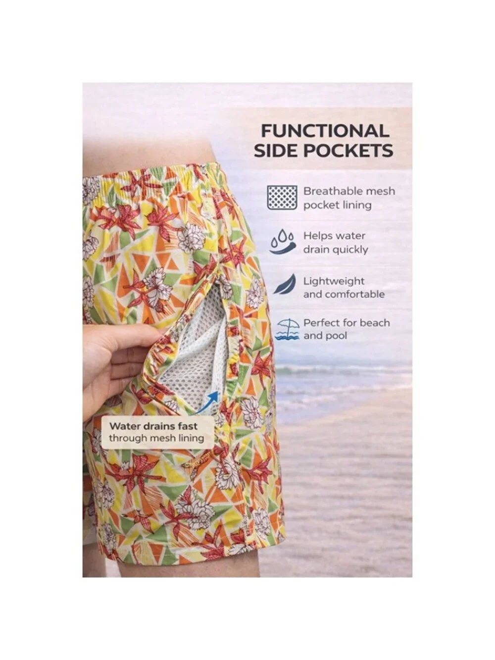 Men's Quick Dry Swim Trunks, Tropical Geometric Pattern, P31 - Picture 4 of 4
